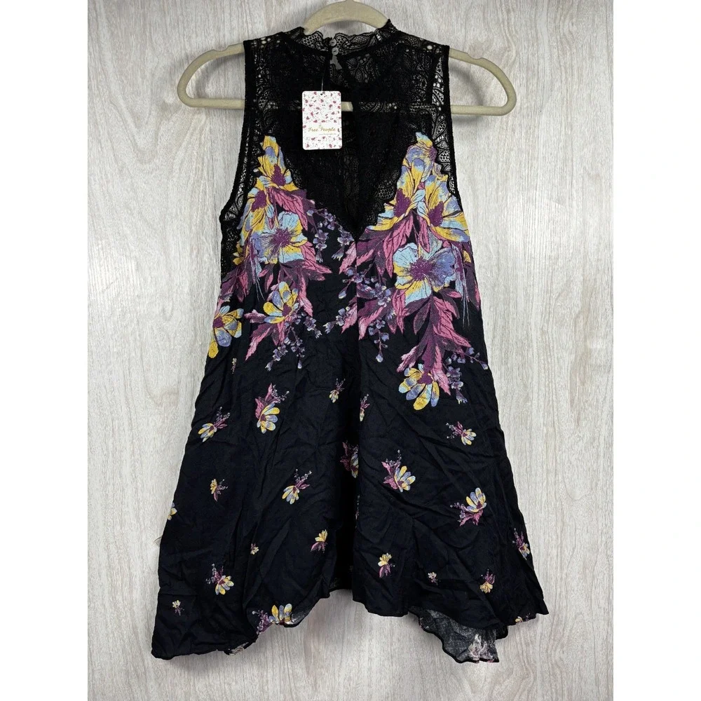 Free People Marsha Lace Mini Dress Women's‎ XS Black Floral Boho Romantic NWT
